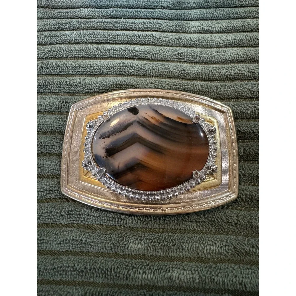 Vintage‎ Agate Stone Belt Buckle Silver Gold Tone Mens Western Accessory